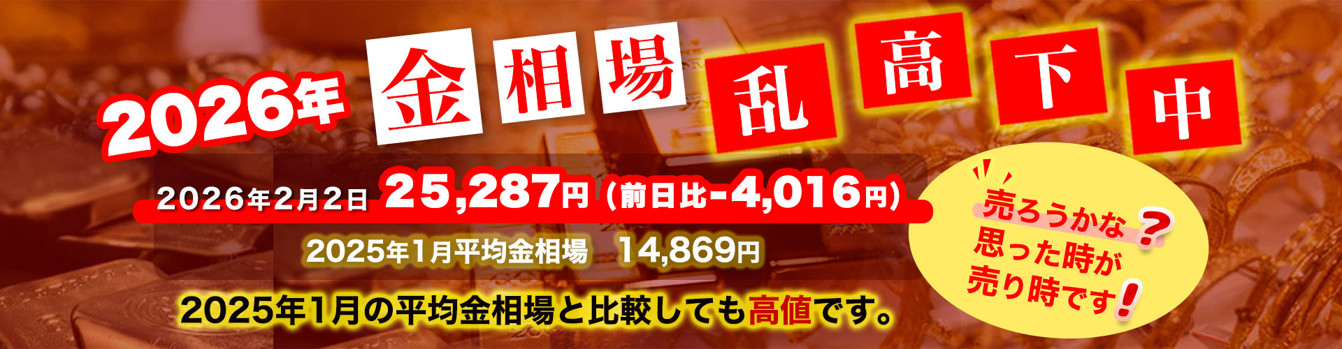 2026年の金相場広告。2月2日 25,287円（前日比-4,016円）、2025年1月平均14,869円。吹き出しに「売ろうかな？思った時が売り時です！」